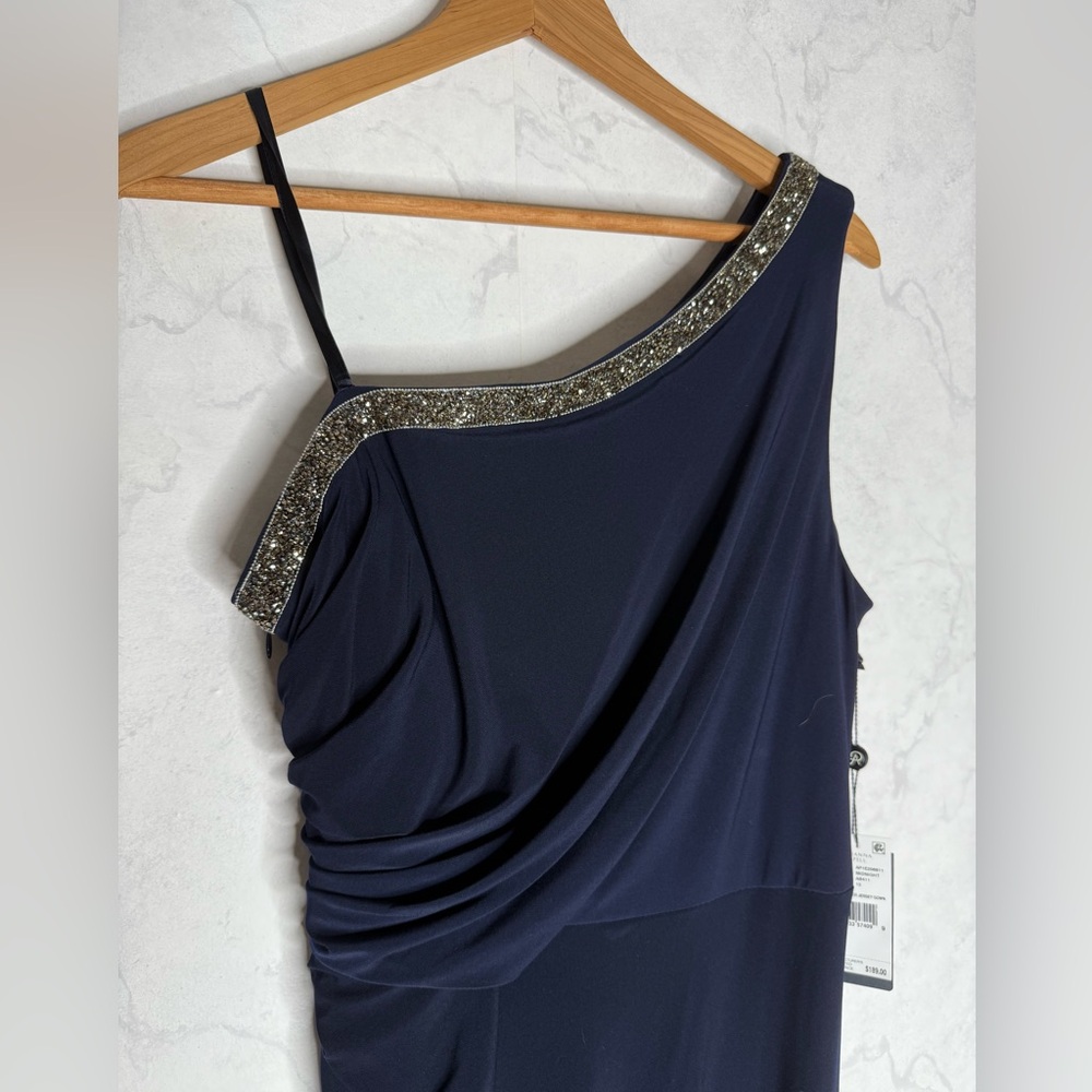 Adrianna Papell One Shoulder Embellished Jersey Maxi Gown in midnight blue